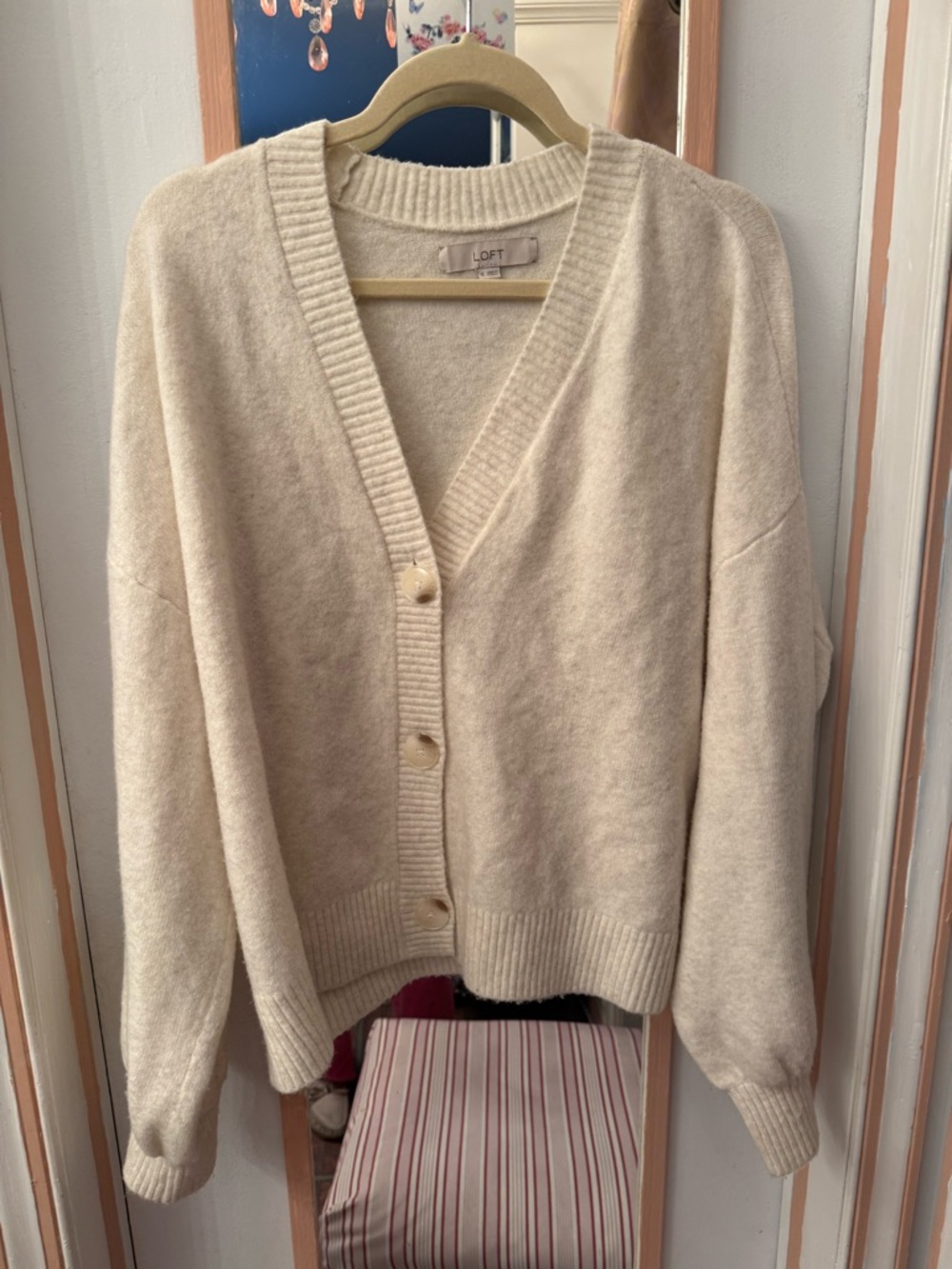 LOFT Ivory V-Neck Button Front Cardigan